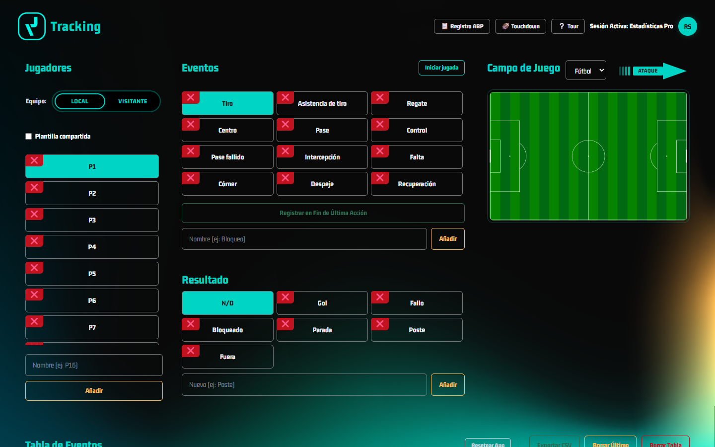 Interfaz actual de Tracking mostrando jugadores, eventos, campo y tabla de datos