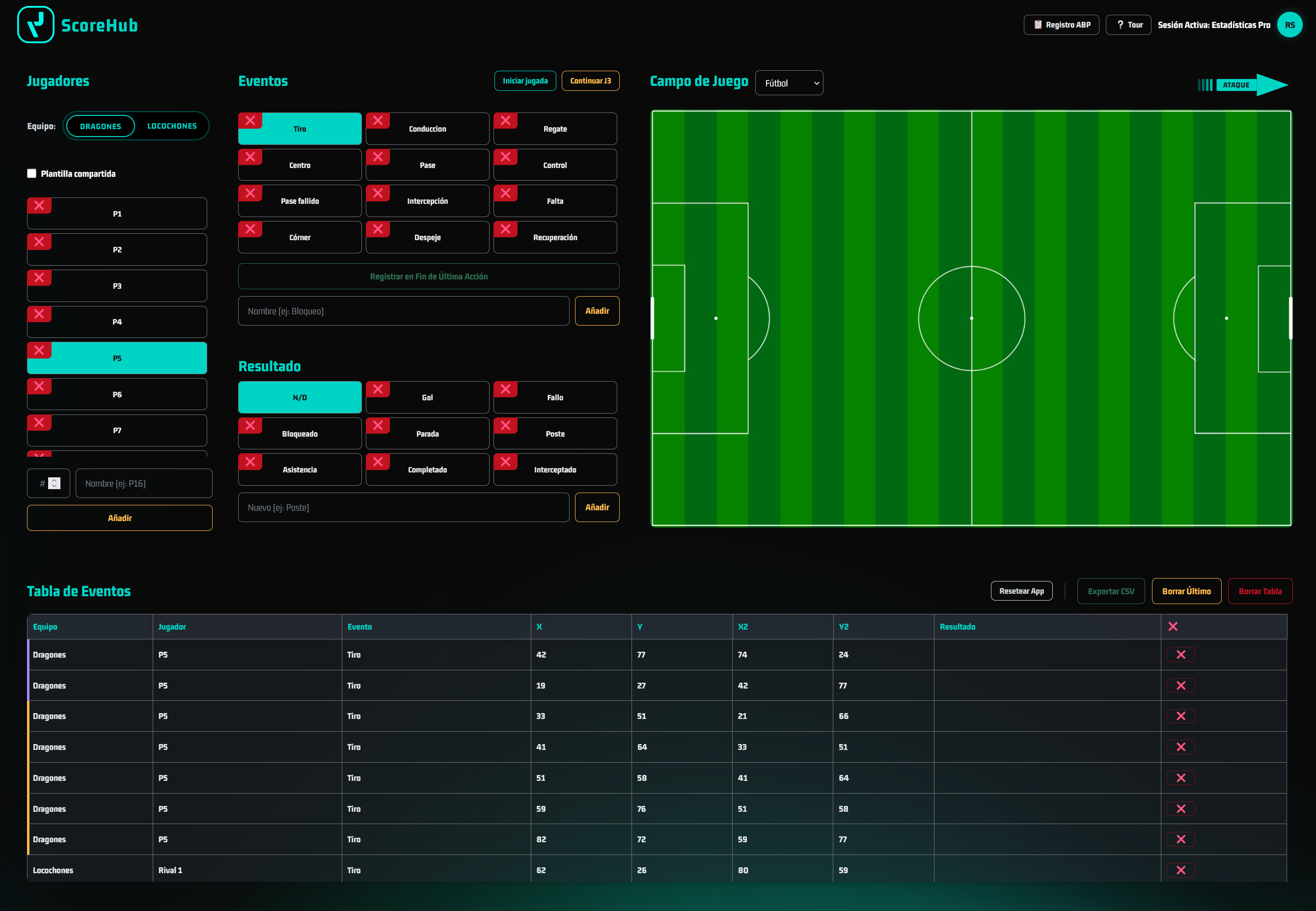 Interfaz actual de ScoreHub mostrando jugadores, eventos, campo y tabla de datos